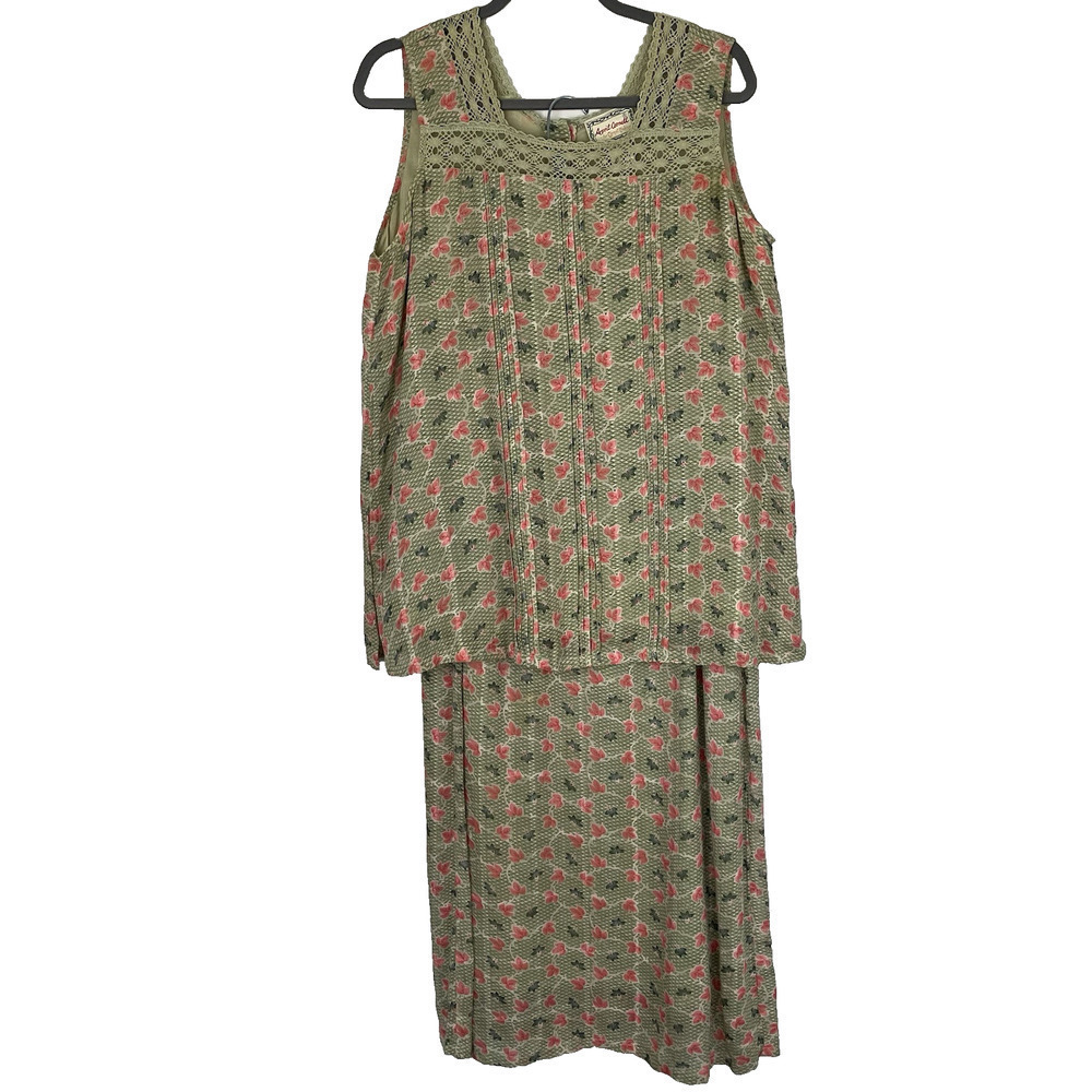 VTG April Cornell 2 Piece Set Top Sz L Skirt Sz M Olive Floral Boho Cottagecore